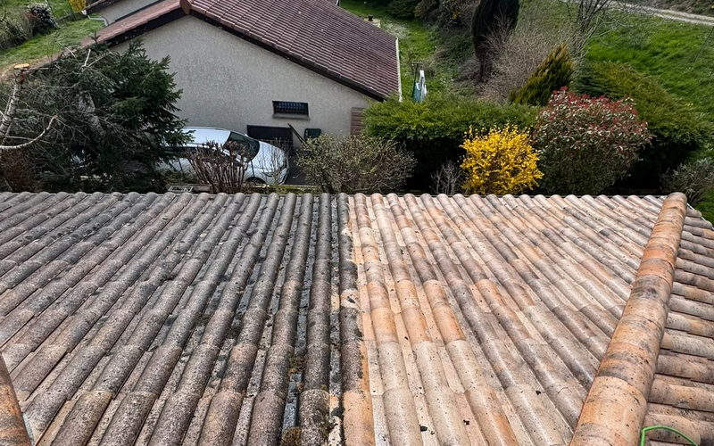 Toiture en tuiles à mi-démoussage, la partie nettoyée a retrouvé sa couleur