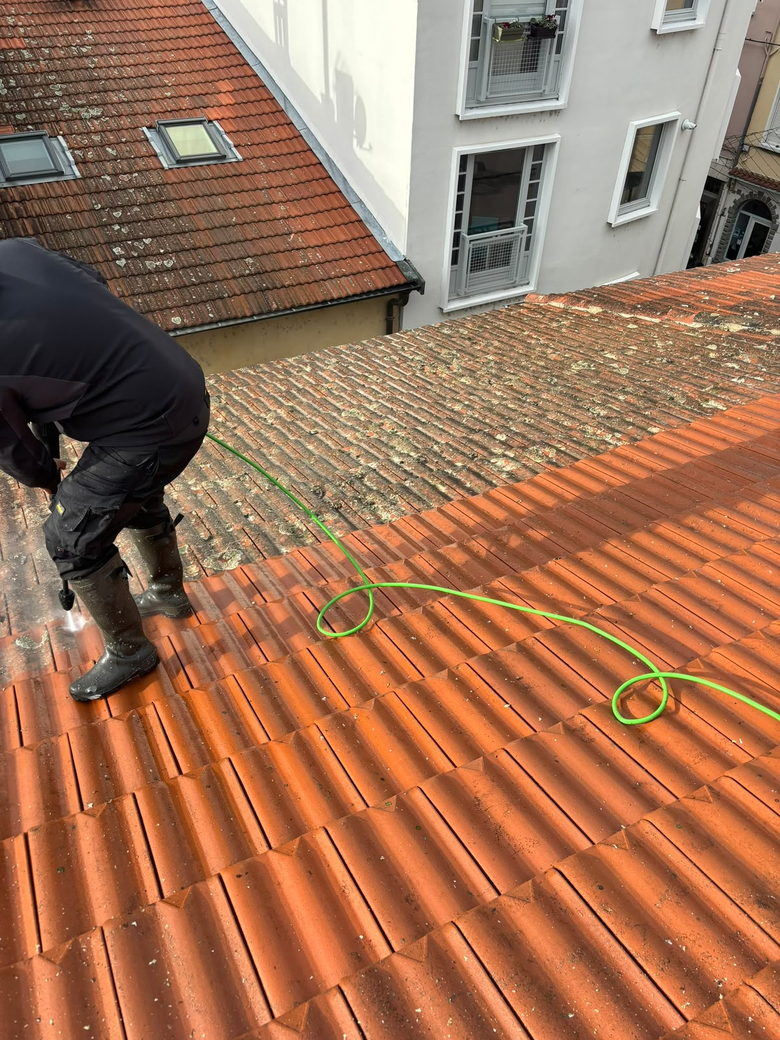 Couvreur zingueur nettoyant une toiture en tuiles au jet basse pression