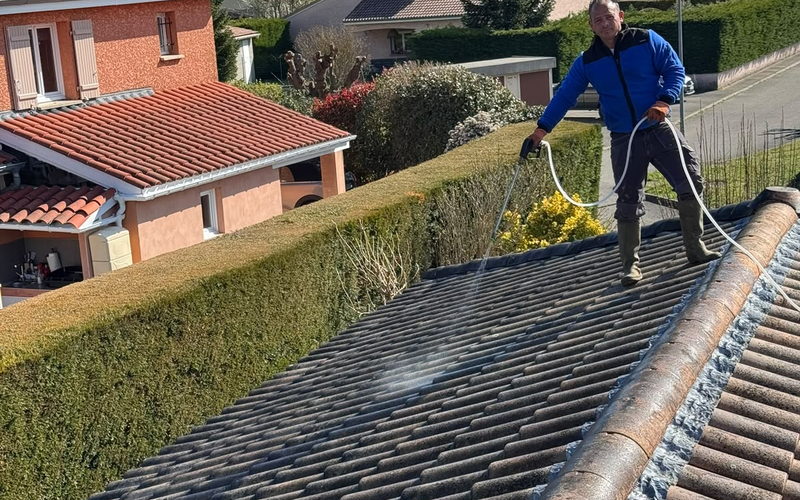 Pulvérisation d'un hydrofuge de surface sur une toiture fraîchement nettoyée