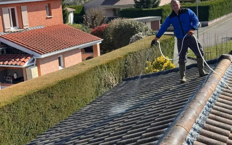 Pulvérisation d'un hydrofuge de surface sur une toiture fraîchement nettoyée