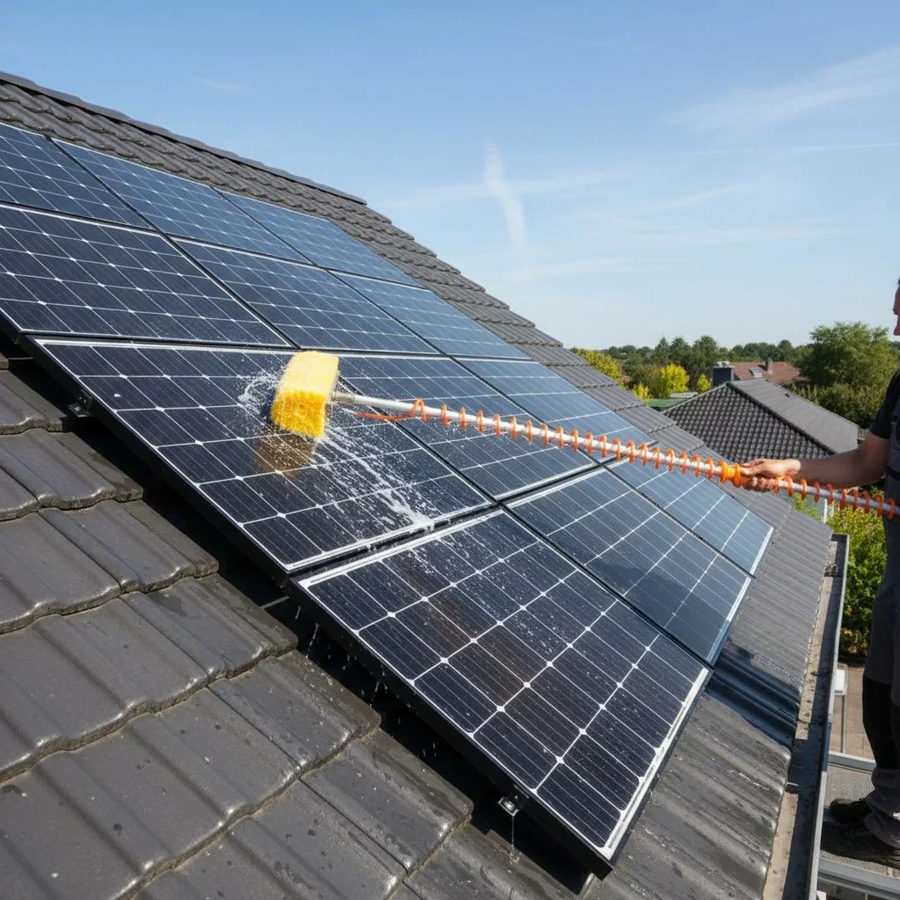 Lavage d'un panneau solaire à la perche, à l'eau déminéralisée