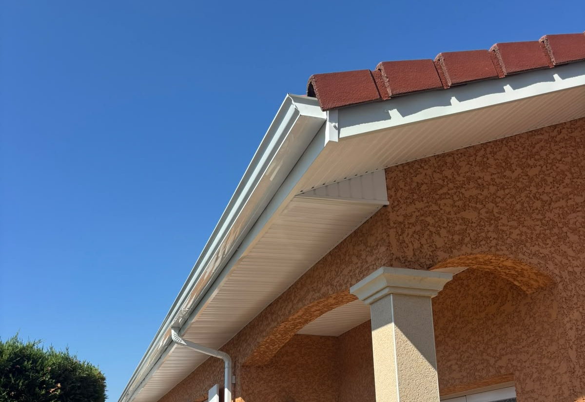 Gouttière en aluminium et sous-face de débord de toit vues depuis le sol