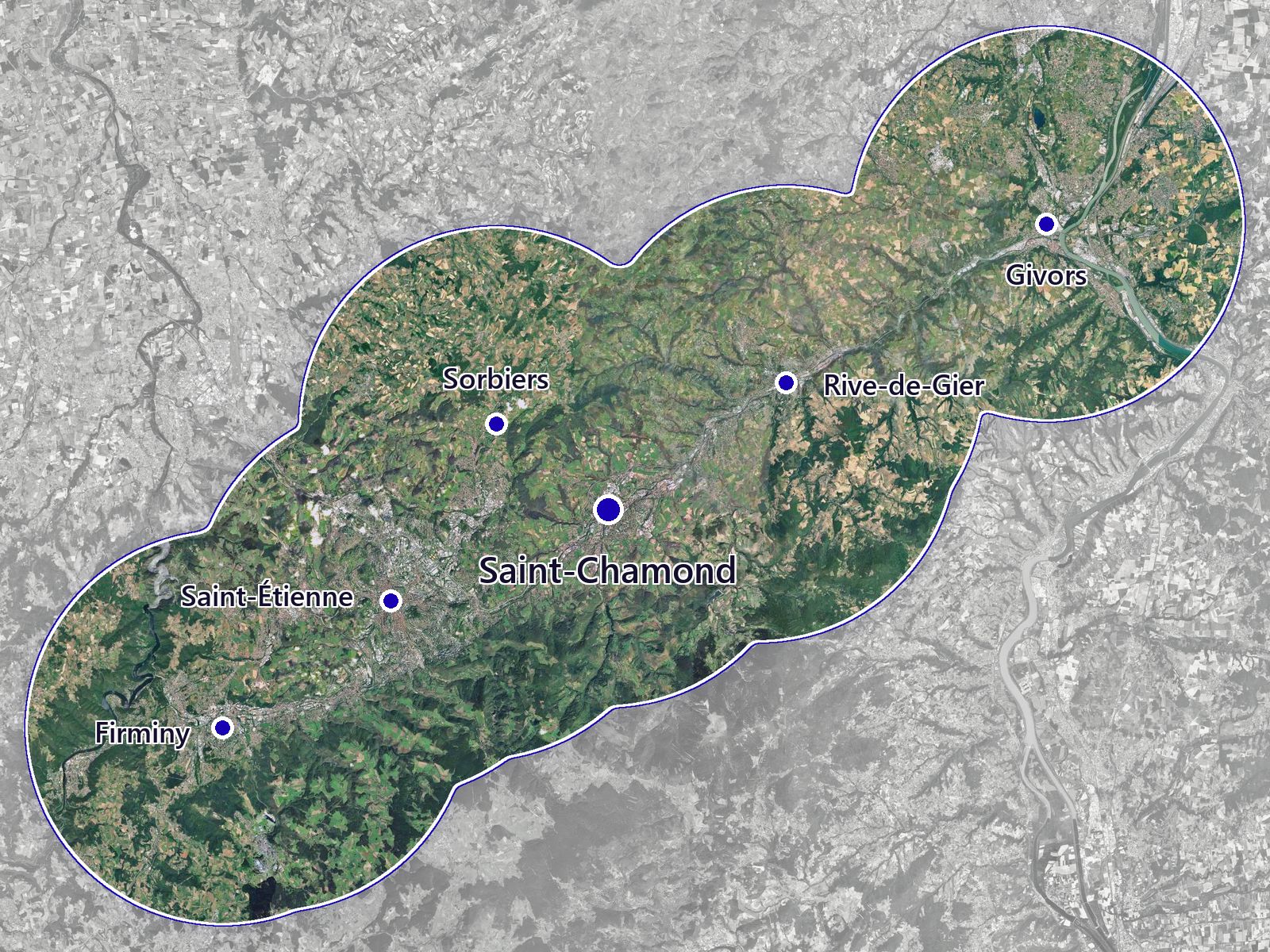 Carte de la zone d'intervention de RPS Toiture, de Saint-Chamond à la vallée du Gier, de Firminy à Givors