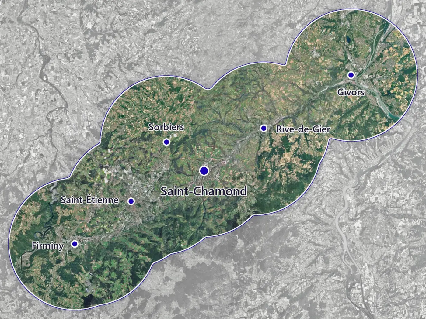 Carte de la zone d'intervention de RPS Toiture, de Saint-Chamond à la vallée du Gier, de Firminy à Givors